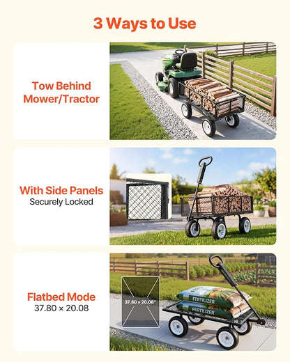 VEVOR 900 LBS Steel Garden Cart, 2 in 1 Handle, Heavy Duty Pullable Garden Wagon with 10" Flat-Free Tires, Outdoor Utility Yard Wagon Cart with Detachable Side Panels, Attach to ATV or Tractor