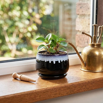 Ceramic Planter 4 Inch - Small Pots for Plants with Drainage and Saucer, Round Flower Pot for Indoor Plants, Ceramic Succulent Pots, Room Home Decor, Plant Lover Gifts for Women, Black-Blue