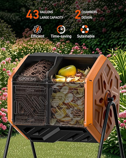 THE Growing 43 Gal Outdoor Compost Bin Tumbler with Thermometer, Orange | Dual 21.5gal chambers for backyard recycling. Pre-embedded nuts for quick assembly. Resin panels deter pests and odors.