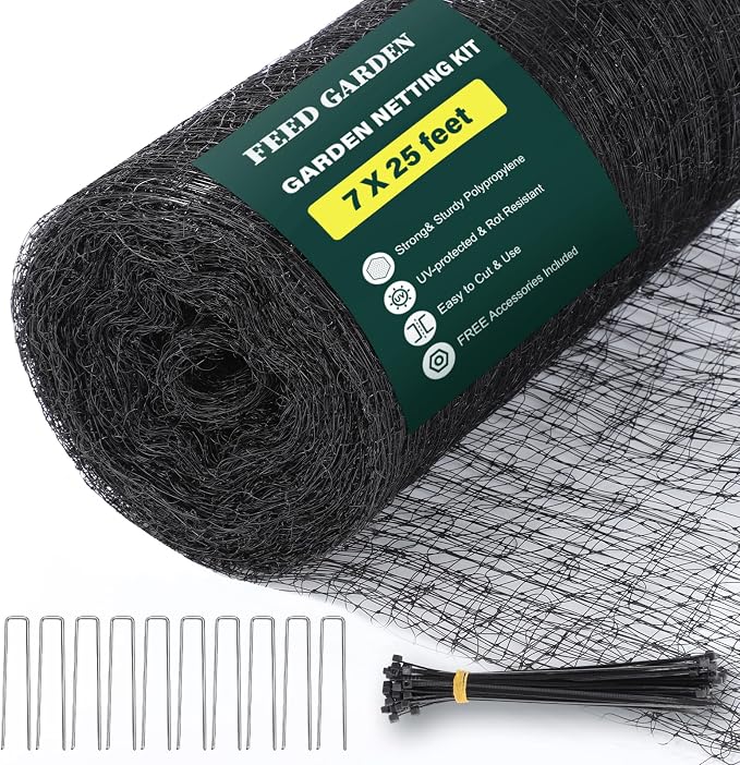 FEED GARDEN Garden Netting 7FT x 25FT for Raised Beds, Heavy Duty Bird Netting & Deer Fence with 3/4 Inch Mesh, UV Resistant Garden Cover for Strawberries, Vegetables, Flowers and Garden Plants