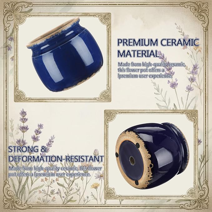 Vintage Large Ceramic Planter Navy Blue Ice Crack Glazed Flower Pot Pure Antique Cottage Flowers Vase Farmhouse Decor for Indoor Plants Succulents Home Kitchen Office