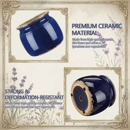 Vintage Large Ceramic Planter Navy Blue Ice Crack Glazed Flower Pot Pure Antique Cottage Flowers Vase Farmhouse Decor for Indoor Plants Succulents Home Kitchen Office