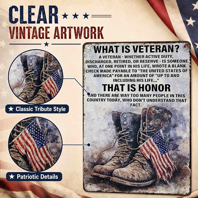 PEACHGARDEN Military Decor What Is a Veteran Patriotic Metal Sign, Military Wall Decor Veteran Metal Sign for Home Office Man Cave, Army Memorabilia 12 x 8 Inch
