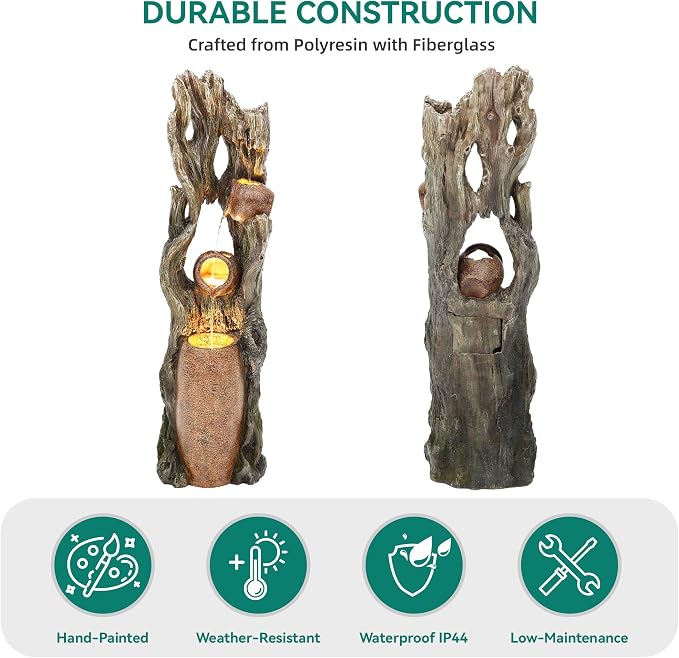 AUTODAYA 42.7" 3-Tier Outdoor Water Fountain LED Tree Trunk Jar Waterfall | Rainforest feature,terra-cotta jar accents, garden patio yard decor