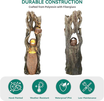 AUTODAYA 42.7" 3-Tier Outdoor Water Fountain LED Tree Trunk Jar Waterfall | Rainforest feature,terra-cotta jar accents, garden patio yard decor