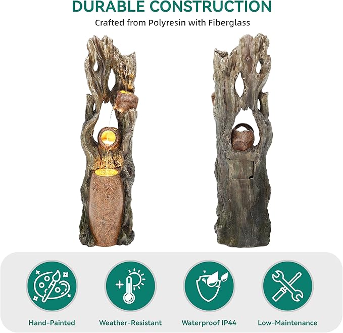 42.7" 3-Tier Outdoor Water Fountain LED Tree Trunk Jar Waterfall | vintage terra-cotta pots, patio backyard garden,Serene Relaxing Porch Decor