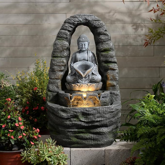27.2" H Buddha Water Fountain Outdoor Zen Buddha Statue Outdoor Fountain with Lights, 3 Tier Waterfall Feature for Garden, Patio, Porch, Yard, Meditation Decor, Faux Stone Finish