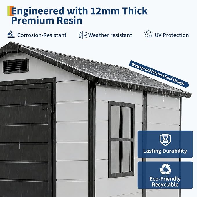 Garvee Outdoor Storage Shed with Floor, Plastic Resin Garden Shed with Window & Sloping Roof & Lockable Door for Patio Backyard Garden, Lawn Mower, Bike, Tool Storage (Grayish White + Black, 4' x 6')