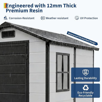 Garvee Outdoor Storage Shed with Floor, Plastic Resin Garden Shed with Window & Sloping Roof & Lockable Door for Patio Backyard Garden, Lawn Mower, Bike, Tool Storage (Grayish White + Black, 4' x 6')