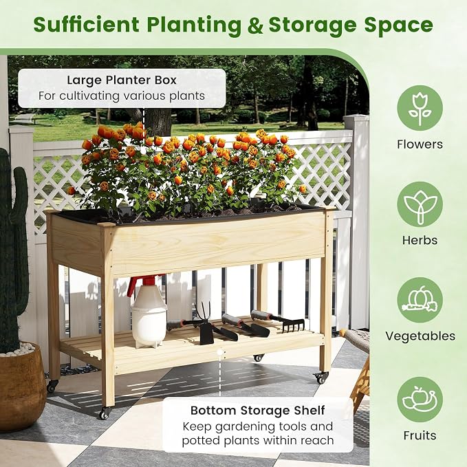 S AFSTAR Wooden Raised Garden Bed with Wheels, Elevated Planter Box with Legs, Storage Shelf, Liner & Drainage Holes, Indoor Outdoor Patio Gardening Box for Vegetable, Flower & Herb