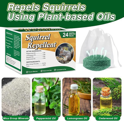 24 Pack Squirrel Repellent Outdoor Balls, Peppermint Oil Squirrel Deterrent Indoor & Outdoor Use for Attic, Car, Garage, Garden, Safe for Family & Pets