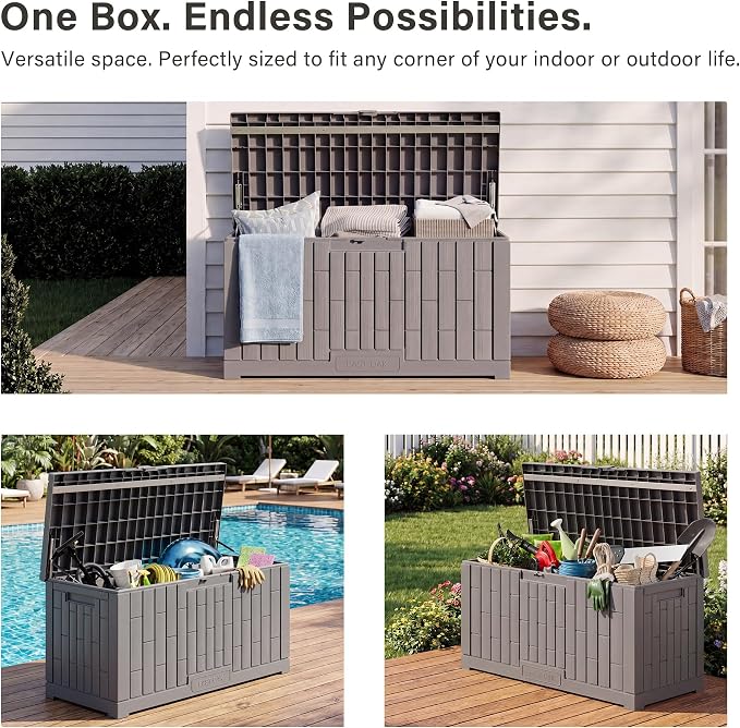EAST OAK Outdoor Storage Box, 80 Gallon Deck Box, Waterproof Resin Storage Bin for Patio Cushions, Gardening Tools, Lockable, UV Resistant, Grey