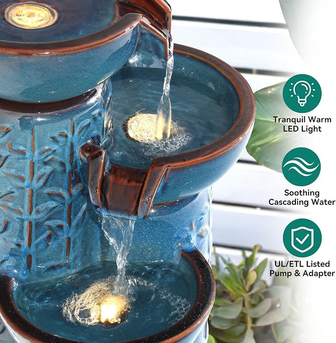 28" H Ceramic Outdoor Water Fountain with LED Lights, 3-Tier Cascading Bowls Water Feature, Tranquil Waterfall for Relaxing Garden, Patio, Yard, or Porch, Turquoise, Embossed Leaf Patterns
