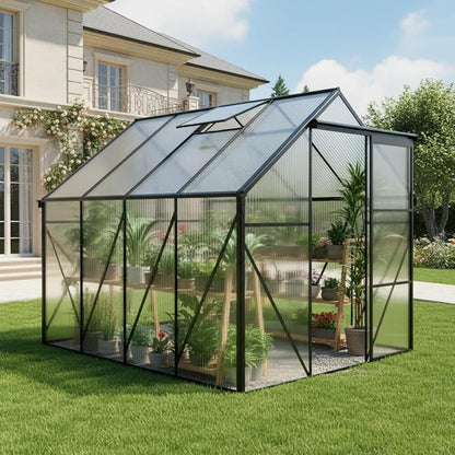 6x8 FT Greenhouse, Walk-in Polycarbonate Greenhouses with Sliding Doors, Aluminum Frame, Adjustable Roof Vent, Raised Base & Anchor, Outdoor Backyard Greenhouse for All Seasons, Black