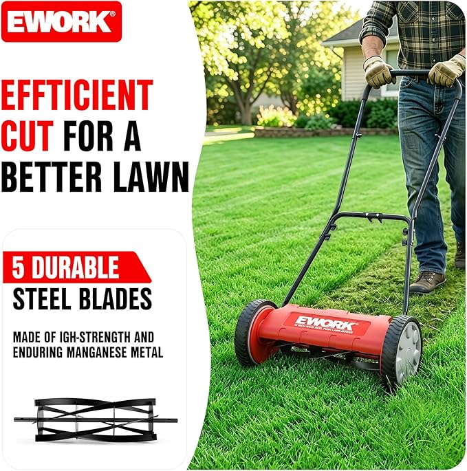 EWORK Push Reel Lawn Mower 23" with 5-Blade Cutting System for Lawn Care | Manual Lawn Mower with 4 Adjustable Cutting Heights, Sponge-Wrapped Handle, Tool-Free Assembly, Reel Mowers for Garden, Yard