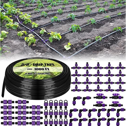 Tondiamo 1000' 5/8 Inch Drip Tape Irrigation Tubing Kit 8 Mil 6" Spacing Garden Hose Watering Tube Line Automatic Equipment for Garden Irrigation System Farms, Landscape, Lawn