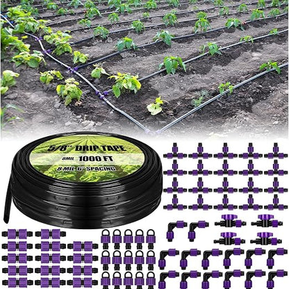 Tondiamo 1000' 5/8 Inch Drip Tape Irrigation Tubing Kit 8 Mil 6" Spacing Garden Hose Watering Tube Line Automatic Equipment for Garden Irrigation System Farms, Landscape, Lawn