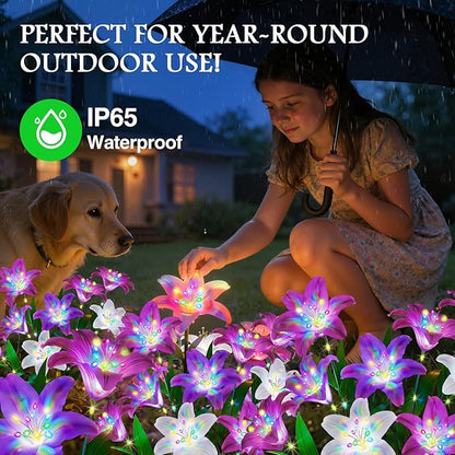 Solar Lights Outdoor Garden Decor - 10 Pack Solar Flowers with 50 Heads Colorful Lily Lights & Glowing Stems, Brighter Waterproof Decorative Garden Lights for Yard, Patio, Flower Bed, Gifts