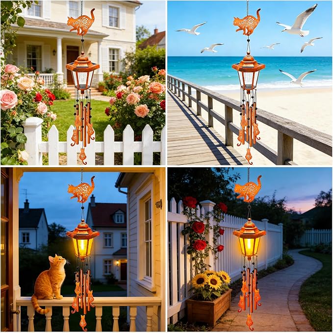 Cat Solar Wind Chimes for Outside, Birthday Gifts for Mom Women Grandma Mother's Day Memorial, 34-Inch Windchimes with Wind Spinner, Outdoor Hanging Solar Lights Waterproof Patio Yard Garden Decor