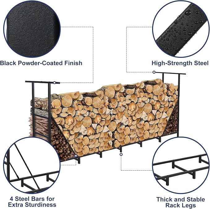 HONEST OUTFITTERS 8ft Firewood Rack Outdoor, Adjustable Heavy Duty Firewood Holder, Adjustable Wood Racks for Outdoor Indoor, Metal Log Racks for Firewood with Firewood Bag Carrier, Black