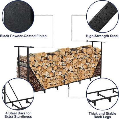 HONEST OUTFITTERS 8ft Firewood Rack Outdoor, Adjustable Heavy Duty Firewood Holder, Adjustable Wood Racks for Outdoor Indoor, Metal Log Racks for Firewood with Firewood Bag Carrier, Black