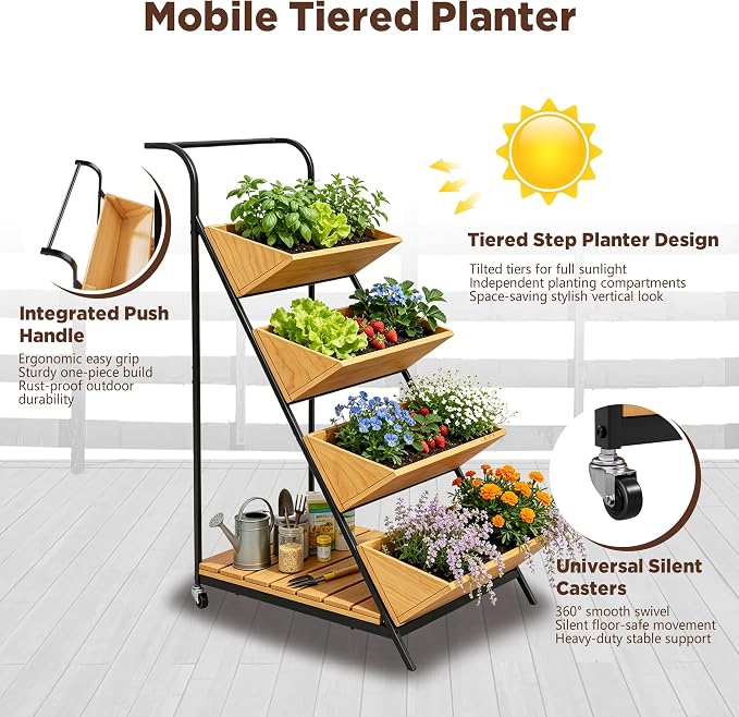 Vertical Raised Garden Bed on Wheels, Solid Wood Tiered Planter for Patio | Open-tiered for even sunlight. Rust-resistant metal frame, handle & wheels. Smooth wood. Bottom shelf for tools.