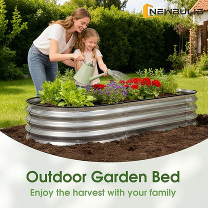 NEWBULIG Galvanized Raised Garden Bed Outdoor, 6x3x1ft Metal Planter Box for Vegetables Flowers Herbs, Heavy-Duty Oval Raised Flower Bed for Gardening, Open Bottom, Easy Assembly, Safe Edges