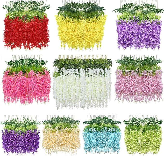Artificial Wisteria Hanging Flowers-Fake Wisteria Flower Garland Silk Vines Rattan Decor for Home Wedding Arch Wall Garden Greenery Bedroom Outdoor Office Party Decoration(36, Dark Pink)