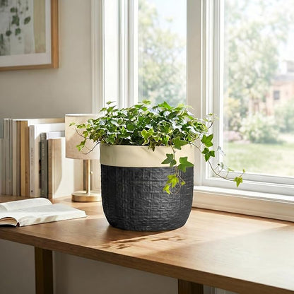 8 Inch Planter - Ceramic Pots for Plants with Drainage Hole and Plug, Round Unique Flower Pots for Indoor Plants, Boho Decorative Plant Pot, Apartment Decor, Gardening Gifts for Women, Black