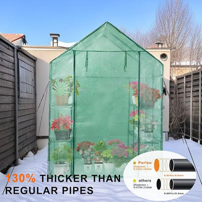 Purlyu Walk-in Greenhouse for Outdoors, Thickened PE Cover & Heavy Duty Powder-Coated Steel, Mesh Door & Screen Windows, 14 Sturdy Shelves 4.7x4.7x6.4 FT, (GHW002G)
