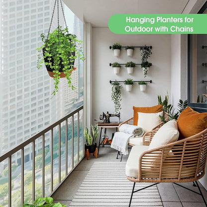 Vanslogreen Hanging Planters for Indoor Outdoor Plants, 2 Pack Self Watering Hanging Pots, Hanging Plant Baskets with Drainage Holes & 2 Types of Plant Hangers (Black, 6'')