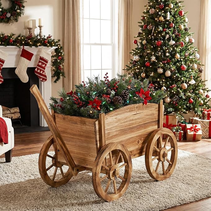 Giantex Wood Wagon Planter, Rustic Rolling Flower Pot Stand with Wheels, Handle & Drainage Hole for Growing Vegetables Herbs, Indoor Outdoor Decorative Cart for Patio Balcony Garden