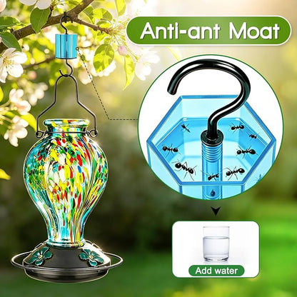 Hand Blown Glass Hummingbird Feeders for Outdoors Hanging, 24oz Wild Bird Nectar Feeder with Ant Moat and Perch, Bee-Resistant Ports, Garden Decor, Gifts for Women Mom, 1 Pack, Blue Fireworks