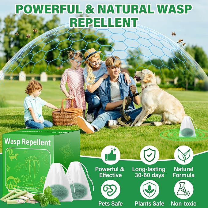12 Pack Wasp and Bee Repellent, Natural Peppermint Oil Carpenter Bee Repellent for Yellow Jackets, Hornets, Mud Wasps Deterrent for Indoor Outdoor Patio Garden Porch, Pet and Human Safe, Dark Green