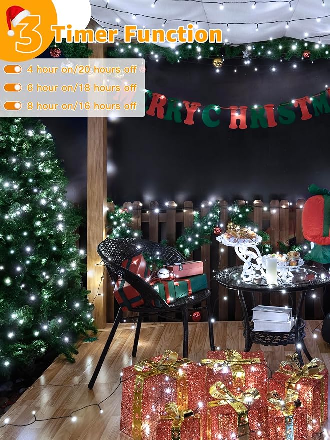 BrightChristmas 1000 LED 328 FT Outdoor String Lights with Remote and Timer, Dimmable with 8 Modes, Waterproof, Cool White Fairy Lights for Christmas Tree & Holiday Decor