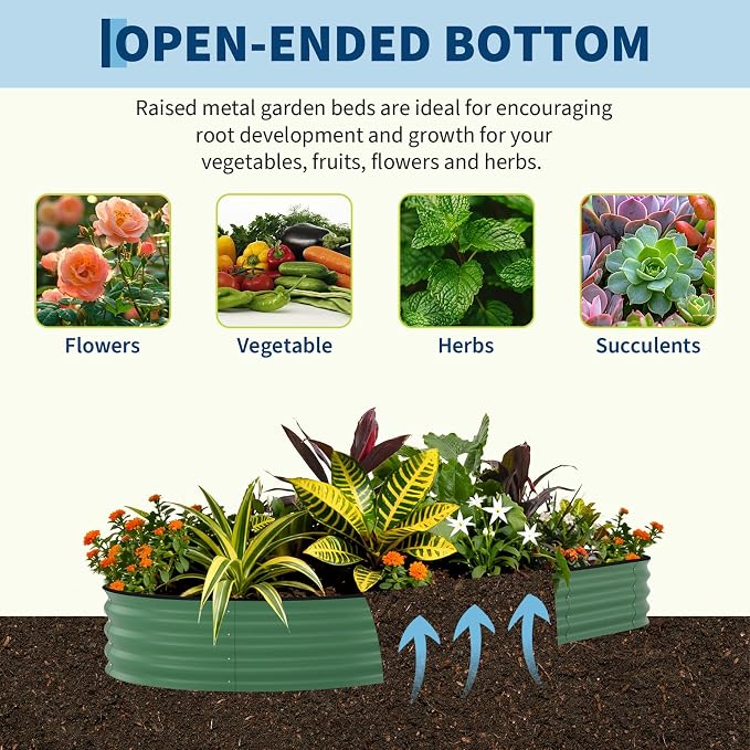 GarveeTech Oval Raised Garden Bed 8x4x1.5 ft - 0.6mm Thick Metal Raised Bed, Rust & Corrosion Resistant, Open Bottom for Drainage, Anti-Cut Strip Included, for Vegetables Flowers Planting, Green