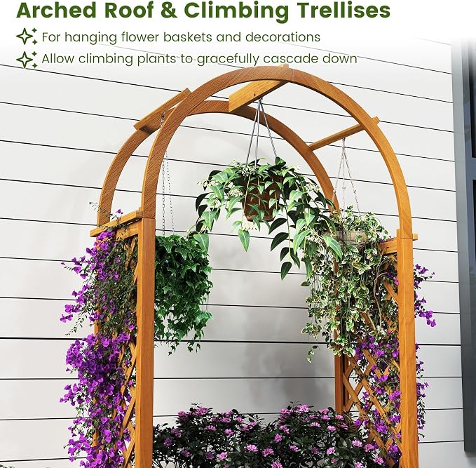 HAPPYGRILL Raised Garden Bed with Trellis, Wooden Elevated Planter Box w/Ached Roof & Detachable Bottom Panels, Liner, Drainage, Indoor Outdoor Wood Planter for Climbing Plants Vine Flower (2)