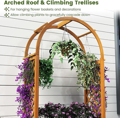 HAPPYGRILL Raised Garden Bed with Trellis, Wooden Elevated Planter Box w/Ached Roof & Detachable Bottom Panels, Liner, Drainage, Indoor Outdoor Wood Planter for Climbing Plants Vine Flower (2)
