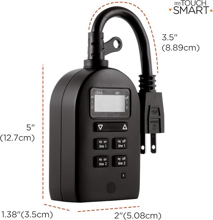 myTouchSmart Indoor/Outdoor Plug-in Digital Timer, One Grounded Outlet, Two Easy-to-Set Custom Daily On/Off Times, Weather Resistant, Ideal for Small Pumps and Seasonal Lighting, 36027