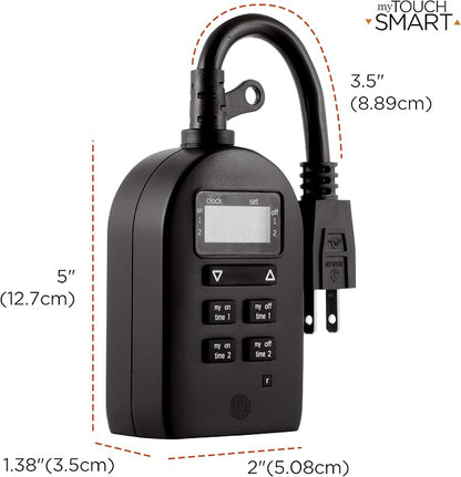 myTouchSmart Indoor/Outdoor Plug-in Digital Timer, One Grounded Outlet, Two Easy-to-Set Custom Daily On/Off Times, Weather Resistant, Ideal for Small Pumps and Seasonal Lighting, 36027