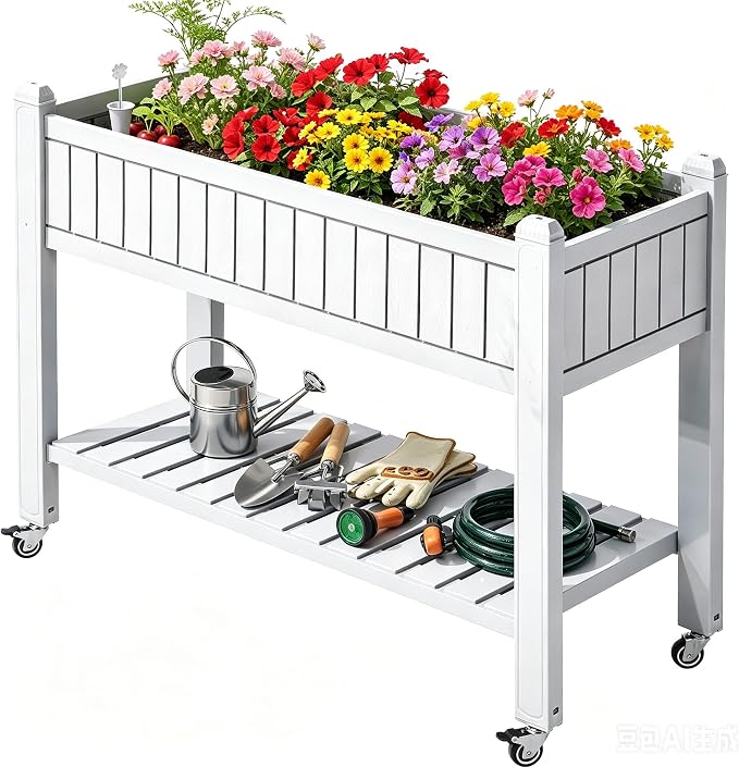 YITAHOME 3.6x1.5x2.8 FT Elevated Garden Bed Kit with Legs and Wheels, Outdoor Large Resin Planter Box Stand with Drain Plug and Storage Shelf for Plants Vegetables Fruits, Grayish-White