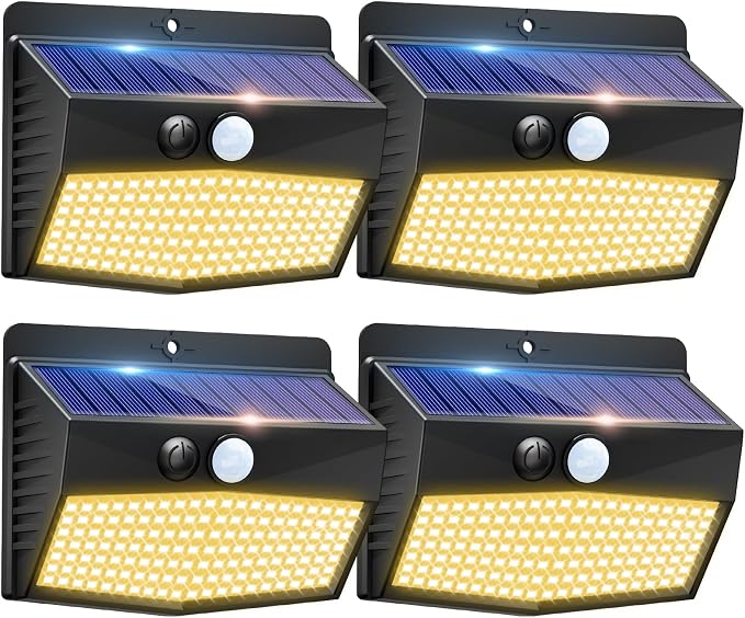 Peasur Solar Outdoor Lights, [4 Packs] Motion Sensor Security Lights with 3 Lighting Modes Wall Lights Waterproof Solar Powered Lights for Garden Yard, Warm
