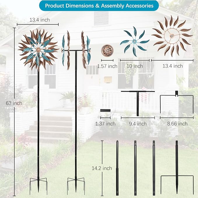 Large Outdoor Metal Wind Spinner,Two-Way Wind Sculptures,360 Degrees Kinetic Wind Spinners Yard Art Decor for Patio, Lawn & Garden 63 * 13.4 Inches