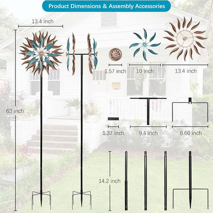 Large Outdoor Metal Wind Spinner,Two-Way Wind Sculptures,360 Degrees Kinetic Wind Spinners Yard Art Decor for Patio, Lawn & Garden 63 * 13.4 Inches