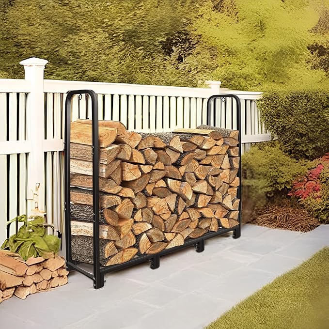 CONNOO 4ft Firewood Rack Stand Heavy Duty Firewood Log Rack Holder Fireplace Wood Storage Holder for Indoor Outdoor Metal Pile Log Stand Stacker Holder, Matte Black Shelves for storage