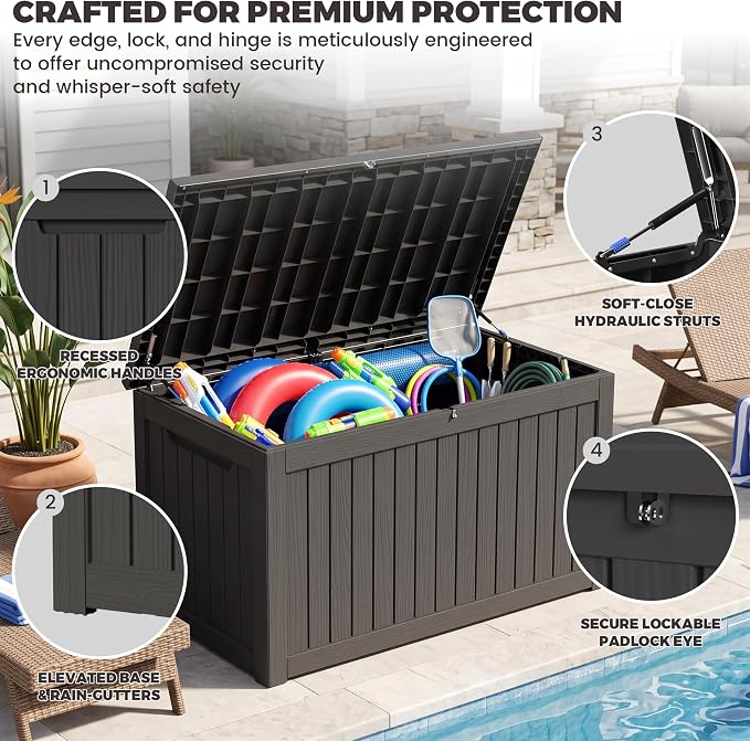 Outdoor Storage Box, 270 Gallon Waterproof Deck Box [Upgraded 3.1], Giant Resin Storage for Large Cushions, Heavy Duty Outside Lockable Bench Seat, Large Backyard Party, Black