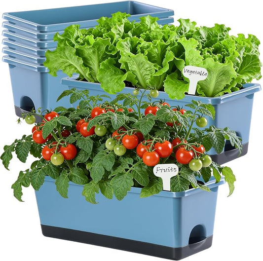 Oliz Window Box Planter 8 Pcs, 17 Inches Rectangle Flower Pots with Drainage Holes and Trays, Vegetable Planters for Windowsill Patio Garden Balcony Home Porch Yard Indoor Outdoor (Blue)