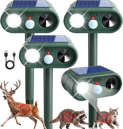 4 Pack Ultrasonic Deer Repellent for Plants Garden Solar Animal Repellent Outdoor with Motion Sensor & Strobe Light for Rabbit Cat Deterrent Raccoon Squirrel Fortress Pro Keep Pests Out of Yard Farm