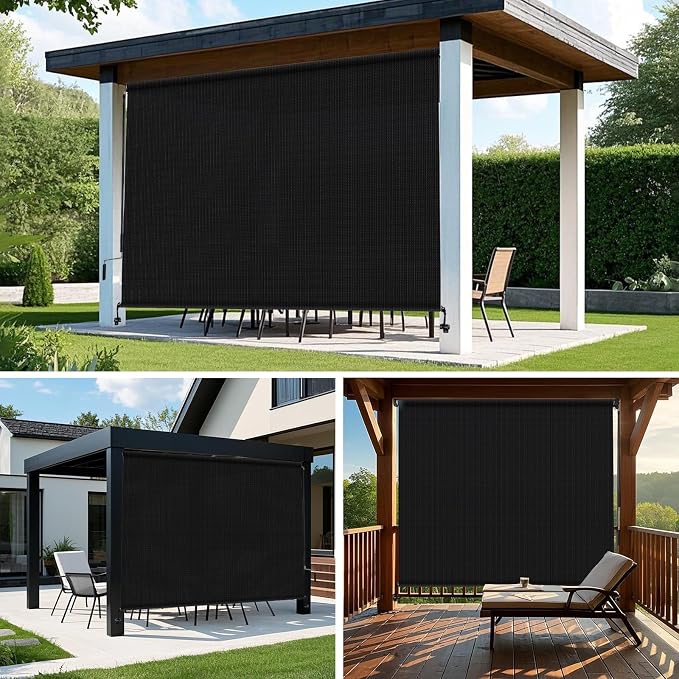 KANAGAWA Outdoor Roller Shade 11'X8' Black Exterior Cordless Patio Roll Up Shades for Outside Pergola Porch, Outdoor Blinds for Patio