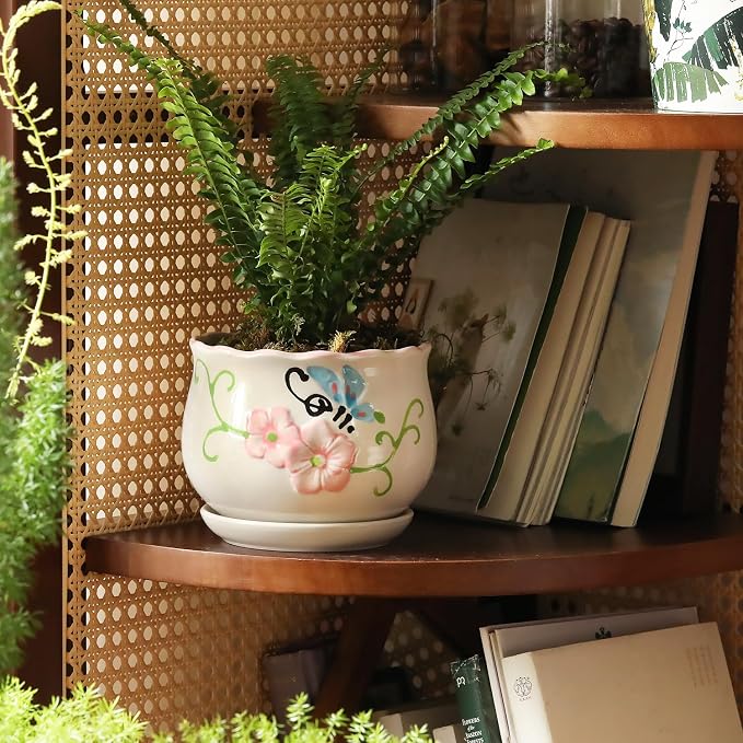 Flower Pots, Ceramic Plant Pots Set of 3, Small Succulent Pot with Drainage | 4/5.2/6.6 Inches, Cactus Planter with Saucer, Indoor Garden Pots